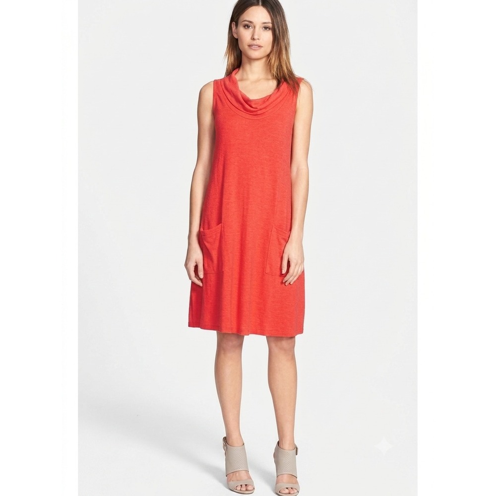 Eileen Fisher Dress PL Geranium Orange Organic Cotton Hemp Cowl Neck Sleeveless